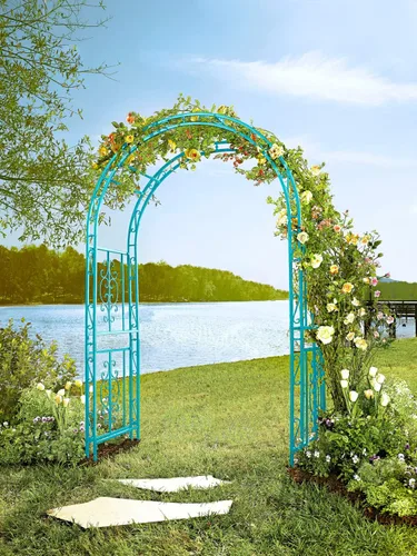 Vista 11 de Estructura de arco de jardín al aire libre de metal de Plow & Hearth, de 84 pulgadas de alto, entramado de celosía de hierro para plantas Rojo
