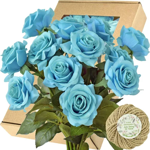 Vista 25 de FiveSeasonStuff 12 tallos de flores artificiales azul hielo, rosas de seda de tacto real para decoración de boda, en caja de regalo Azul helado