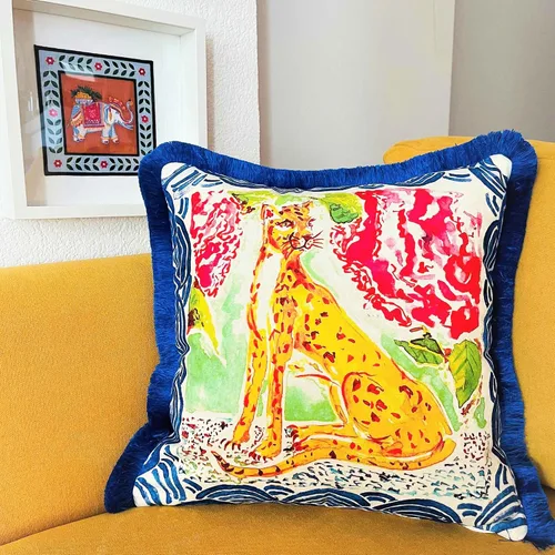 Vista 3 de Funda de almohada con patrón de leopardo, funda de almohada de terciopelo única, cojín de borla azul, almohada decorativa para decoración del hogar