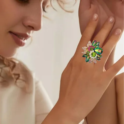 Vista 3 de Anillos de lujo para mujer, con diseño de hojas de cristal austriaco, para cóctel, elástico, ajustable, accesorios de joyería
