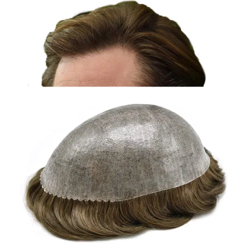 Vista 100 de Toupee para hombres Sistema de reemplazo de cabello humano real para hombres Completo PU Mens Hairpiece de aspecto natural para hombre piezas