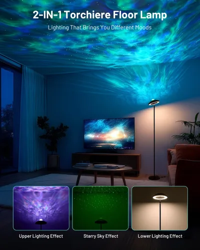 Vista 3 de Lámpara de pie LED con proyector de estrellas RGB y control remoto, lámpara de pie que cambia de color continuo de 3000 a 6000 K, lámpara de esquina