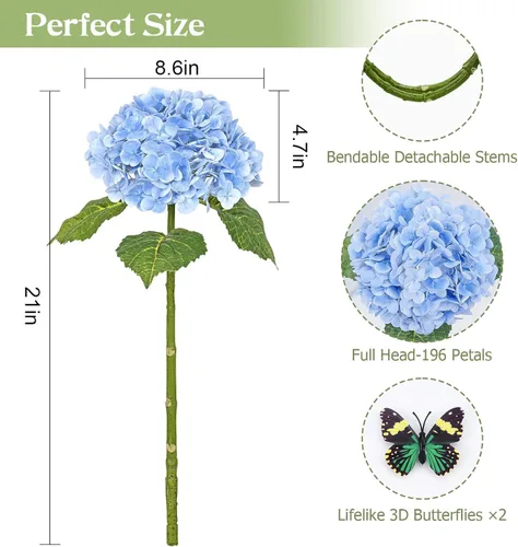 Vista 5 de Flores artificiales de hortensias de tacto real, 2 flores azules y 2 blancas de tacto real, flores de hortensias sintéticas de 21 pulgadas, flores