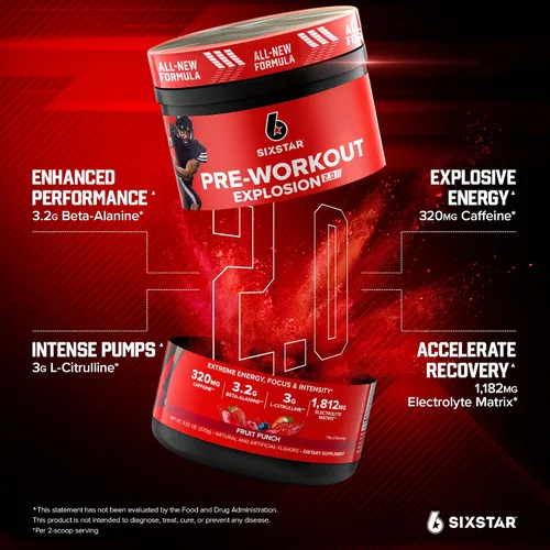 Vista 3 de Six Star Polvo de preentrenamiento para hombres y mujeres, ponche de frutas (30 porciones) - Bebida en polvo de energía Preworkout Explosion 2.0