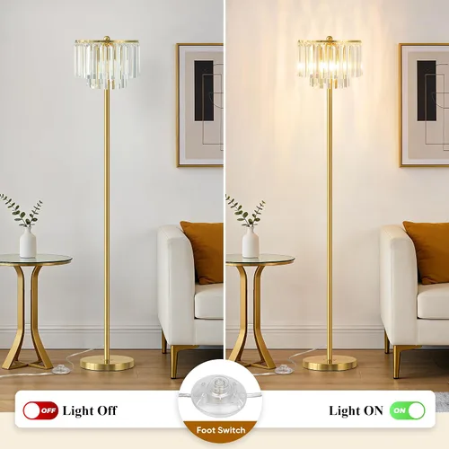 Vista 3 de QiMH Lámparas de pie para sala de estar, lámpara de pie dorada con interruptor de pie de encendido/apagado, lámpara de pie con pantalla de barras