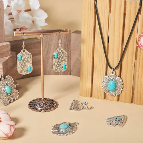 Vista 3 de 16 dijes de piedra turquesa de 8 estilos, estilo tibetano, vintage, bohemios, curativos, piedras preciosas colgantes grandes, joyería occidental