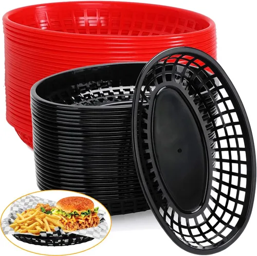 Vista 7 de Paquete de 50 cestas de plástico negro para alimentos de 9 x 5.7 pulgadas, ovaladas para freír comida rápida, cestas de plástico para perros