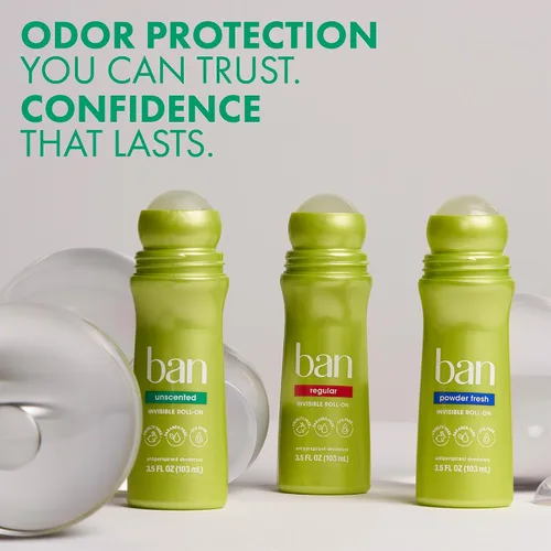 Vista 14 de Desodorante antitranspirante roll-on sin perfume, original de Ban (3.50 onzas), paquete de de 4 24-Hour Sweat and Odor Protection, No White