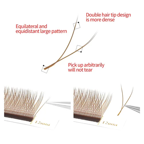 Vista 4 de Extensiones de pestañas naturales tejidas a mano con triple punta marrón YY (0.315 in, 0.07C)