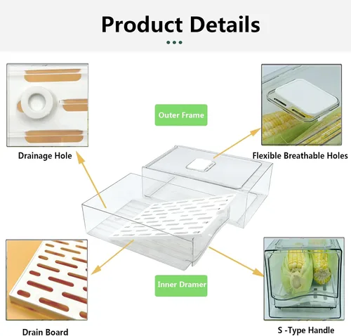 Vista 4 de Organizadores de refrigerador y cajón de almacenamiento, contenedores apilables de almacenamiento de frutas para refrigerador, organizador