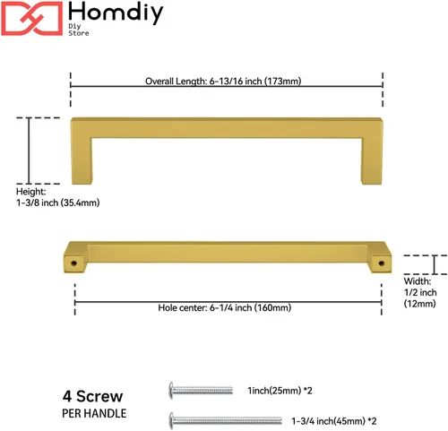 Vista 2 de Homdiy J12GD Paquete de 1 tirador de bronce cepillado, herrajes para cajones,para puerta de armario de cocina, cómoda, gabinete de baño, 6- 1/4