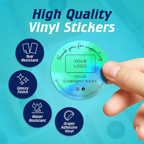 Vista 3 de Calcomanías de vinilo personalizadas con tu imagen, texto, diseño y logotipo. Etiquetas comerciales personalizadas impermeables para embalaje