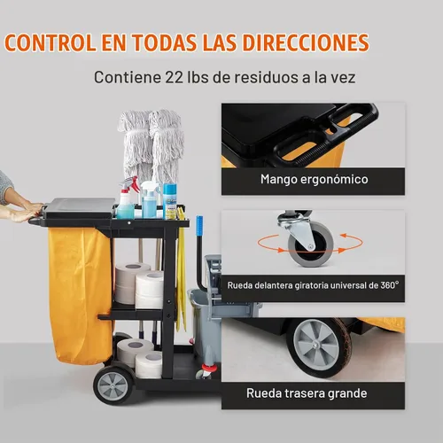 Vista 7 de VEVOR Carrito de limpieza, carrito de limpieza comercial de 3 estantes, carrito de plástico de limpieza de 200 libras de capacidad, con bolsa de PVC