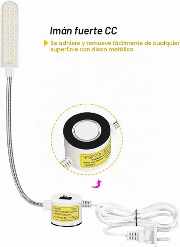 Vista 5 de Luz de máquina de coser LED con cuello de cisne flexible y base de montaje magnético para banco de trabajo, torno y prensa de taladro