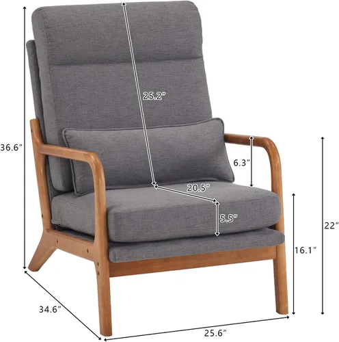 Vista 3 de SSLine Sillón tapizado moderno de tela de lino suave con almohada y marco de madera de roble, cómodo sofá individual con respaldo alto, silla