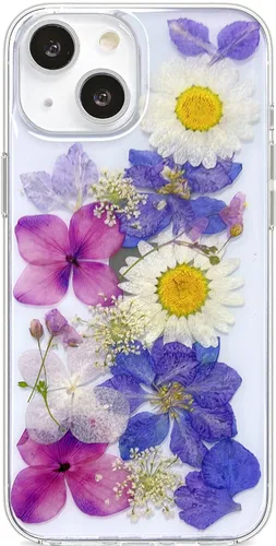 Vista 27 de Abbery Funda diseñada para iPhone 13 Pro con diseño de flores prensadas con purpurina y diseño de goma de silicona suave, diseño de flores reales