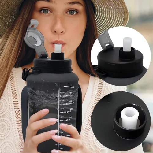 Vista 4 de Botella de agua plegable de silicona de 64 onzas con pajilla, sin BPA, botella de viaje plegable portátil para gimnasio, senderismo, campamento Negro