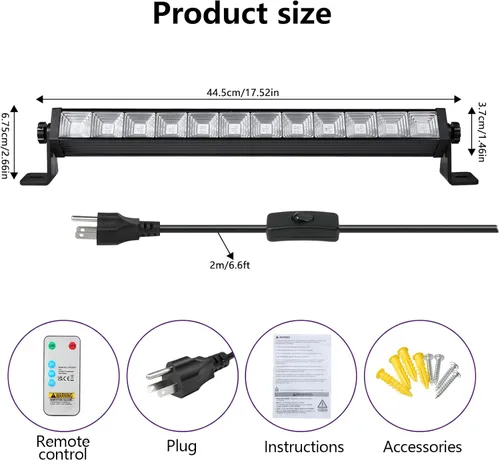 Vista 7 de Barra de luz LED negra de 48 W con control remoto e interruptor, barras de luz negra con enchufe y cable de 6.5 pies, luz negra para fiesta