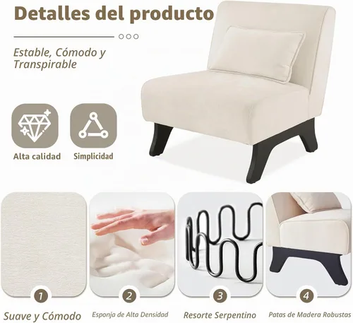 Vista 6 de Silla de acento tapizada sin brazos, sillas modernas y cómodas para sala de estar con patas de madera y almohadas, sofá cama lateral para dormitorio