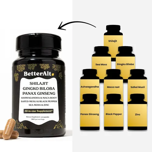 Vista 6 de Shilajit de 8800mg, Raíz de Maca, Ginkgo Biloba, Musgo Marino, Ashwagandha, Panax Ginseng, Safed Musli y Zinc Aumenta la Resistencia y Energía, 120