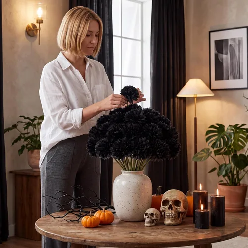 Vista 5 de Tigeen 60 piezas de flores artificiales negras crisantemo para decoración Negro