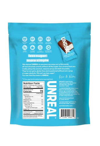 Vista 2 de UNREAL Barras de coco de chocolate oscuro (4 bolsas de tamaño económico), veganas, 0.11 onzas de azúcar y 3 ingredientes simples, sin OMG, sin