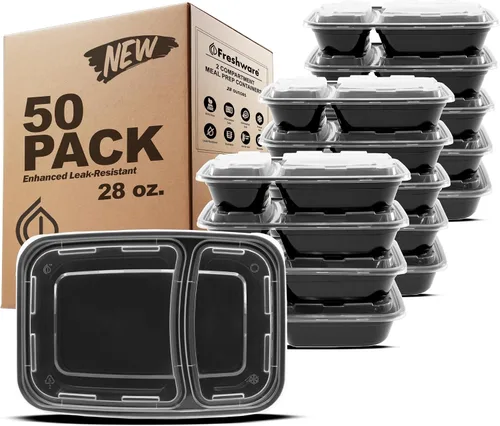 Vista 8 de Freshware Contenedores de preparación de comidas [paquete de 50] 2 compartimentos con tapas, contenedores de almacenamiento de alimentos, caja