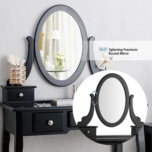 Vista 3 de LDAILY Juego de mesa de tocador estable con espejo giratorio de 360°, escritorio de maquillaje con taburete acolchado y 5 cajones para espacios