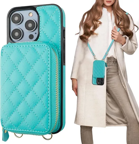 Vista 12 de Bocasal Funda tipo cartera cruzada para iPhone 14 Pro, con bloqueo RFID, de piel sintética, con cremallera, funda tipo cartera con función atril