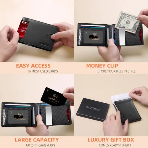 Vista 143 de RUNBOX - Carteras delgadas para hombre, cartera de piel con pinza para el dinero, cartera de bolsillo frontal con bloqueo RFID, tarjetero