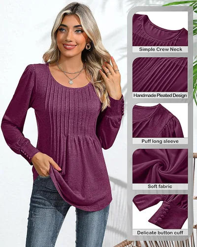 Vista 4 de Ficerd Blusa plisada de manga corta abombada para mujer, cuello redondo, elegante, casual, holgada, para primavera y verano