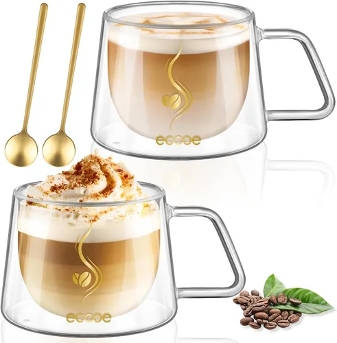 Vista 8 de ecooe Juego de 2 tazas de café de doble pared de 4 onzas, tazas de café de vidrio transparente con asa, taza de café aislada de borosilicato Clear