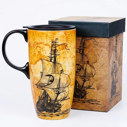 Vista 12 de Taza de cerámica de viaje de Voltugar con tapa y asa para el hogar y la oficina, taza de té alta de porcelana con diseño de olas y caja