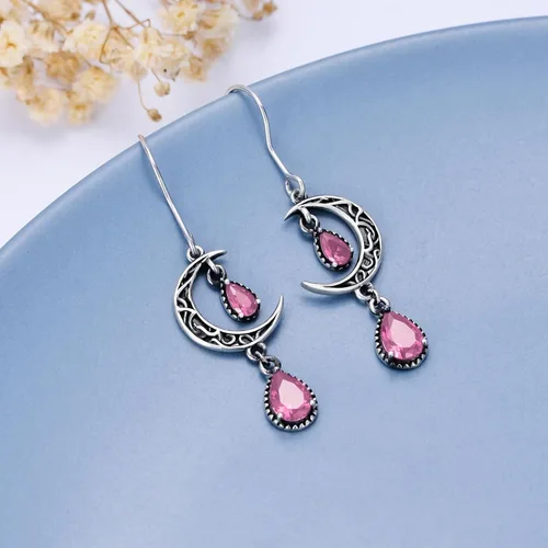 Vista 3 de Aretes de luna para mujer, plata de ley 925, aretes colgantes de luna celta, esmeralda, amatista, rubí, zafiro, rosa, peridoto, aguamarina, citrino