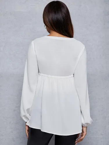 Vista 2 de MakeMeChic Camisa de maternidad de manga larga con cordón en la cintura para embarazo, blusa peplum