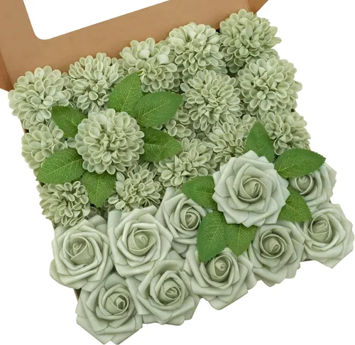Vista 17 de Flores artificiales, 25 piezas, rosas artificiales realistas para ramos de novia, centros de mesa, arreglos, flores de Dalia negras con tallo