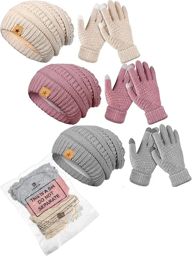 Vista 6 de Juego de 6 guantes de invierno, 3 sombreros de punto de invierno y 3 pares de guantes cálidos para pantalla táctil para mujeres y hombres al aire