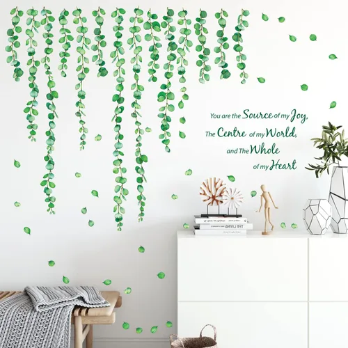 Vista 3 de DECOWALL Calcomanías de pared de vid de eucalipto, calcomanías de pared botánicas de hojas verdes para decoración de guardería, dormitorio y sala
