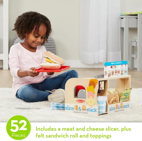 Vista 11 de Melissa & Doug Slice-Stack-Serve, mostrador de sándwiches de madera, tienda de juego de simulación con comida de juguete, dinero de juguete
