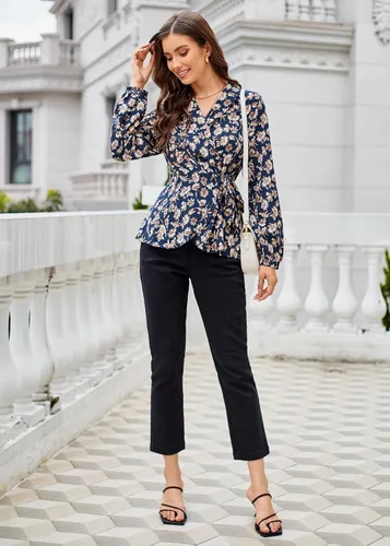 Vista 5 de GRACE KARIN Blusa de trabajo con cuello en V y manga larga tipo farol para mujer