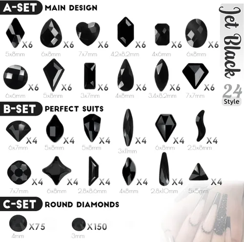 Vista 3 de Diamantes de imitación negros para uñas, 120 formas múltiples con parte trasera plana, gemas de cristales negros azabache + SS10 SS16 cuentas