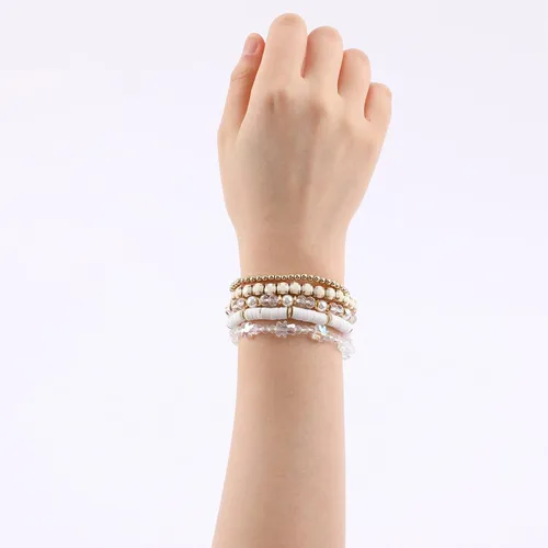 Vista 6 de Pulseras de cuentas de arcilla, pulseras de cristal con cuentas de varias capas, bohemio, blanco y rosa, juego de pulseras para mujer