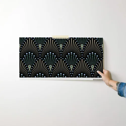 Vista 7 de Muestras de papel tapiz para despegar y pegar, ventilador Art Deco negro, verde, marrón, dorado, geométrico, puntos geométricos, papel tapiz