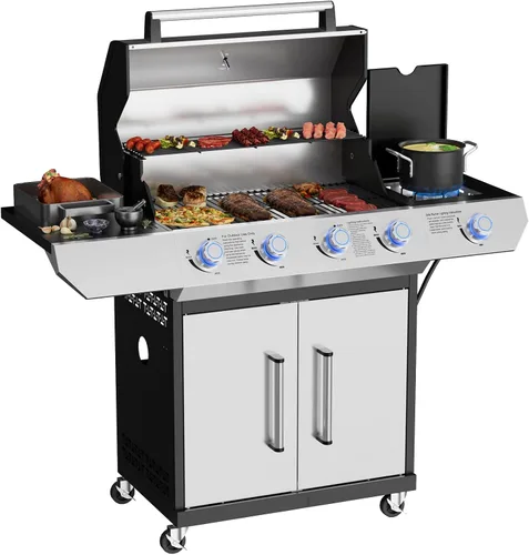 Vista 9 de Parrilla de gas propano, parrilla de barbacoa de acero inoxidable 4+1 con quemador lateral infrarrojo para cocinar al aire libre, color negro