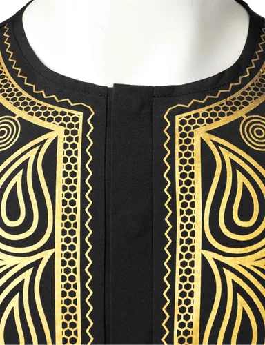 Vista 4 de LucMatton Camisa africana tradicional de manga corta con botones ocultos para hombre, diseño de Dashiki dorado metálico de lujo, Metálico