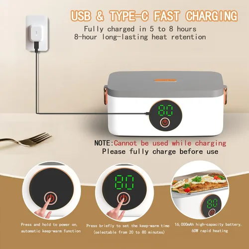Vista 5 de Fiambrera eléctrica portátil inalámbrica para adultos, lonchera calentadora de alimentos, batería recargable de 16000 mAh, contenedor