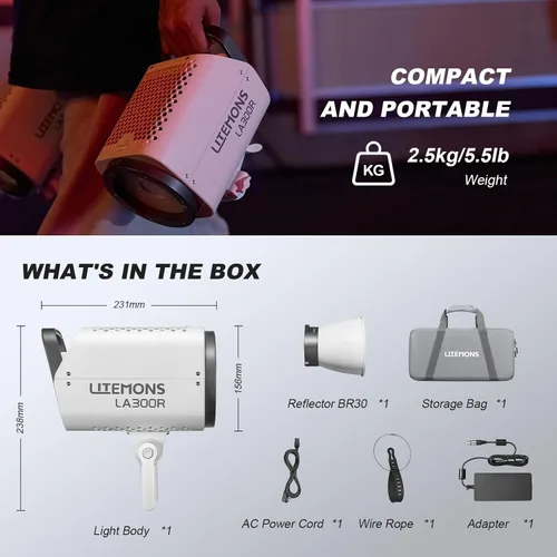 Vista 8 de Godox LA300R RGB COB LED Video Light 330W Kit de luz continua a todo color con bolsa de transporte CCT 1800K-10000K 94700lux Montaje Bowens Luz