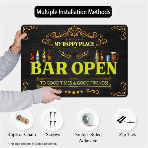 Vista 4 de Letrero de metal vintage con texto en inglés «My Happy Place Bar Open To Good Times & Good Friends», letreros divertidos de cerveza para el hogar