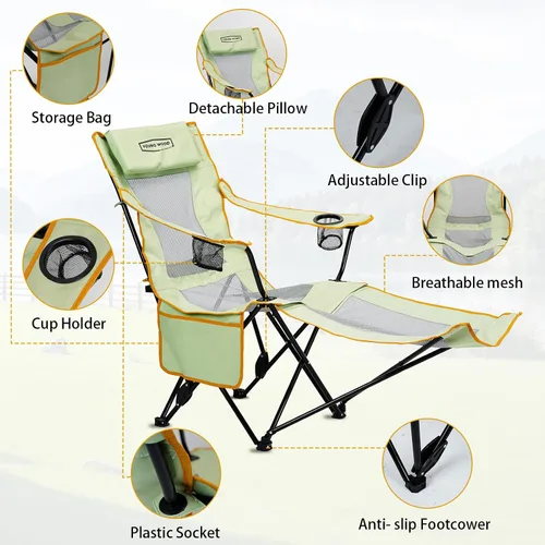 Vista 4 de YOUNG WOOD Silla de camping reclinable, portátil con reposapiés, silla de camping plegable para adultos, reposacabezas y bolsa de almacenamiento