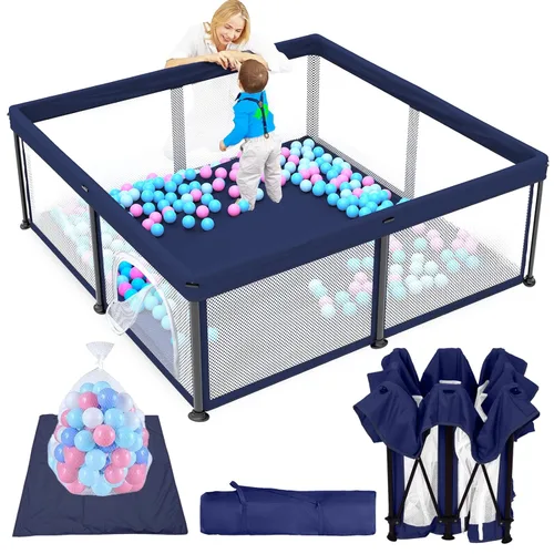 Vista 13 de TOREVSIOR Corralito plegable para bebés con alfombra, 50"×50" corralito plegable para bebés y niños pequeños, corral de seguridad para niños